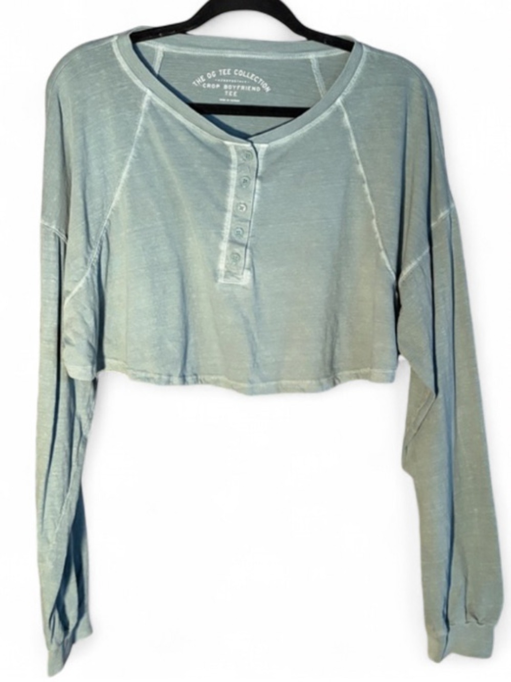 Aeropostale Cropped Henley Long Sleeve Top Sage Green Oversized Soft Tee Size L - Picture 3 of 5